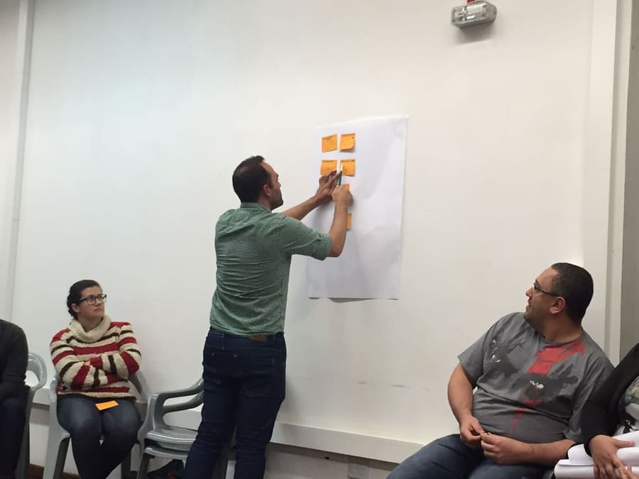 Dan colando post-its num painel durante um workshop